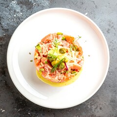 Delicate salmon tartare, artfully arranged on a white plate, showcasing a vibrant pink hue and a medley of garnishes.