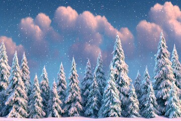 Snowy fir trees under a twilight sky