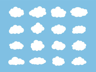 Collection of Flat White Cloud Icons on Blue Background – Simple Weather Vector Set.