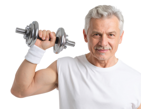 A smiling senior man lifts a dumbbell, showcasing strength and fitness in a workout setting.