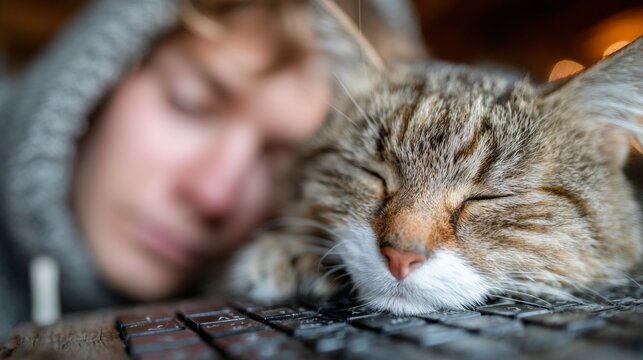Peaceful home office scene showing person napping with cat on keyboard, symbolizing work-life balance, remote work, and pet-friendly environments