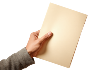 A hand holding a light beige document