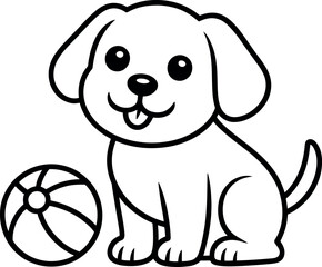 Cute puppy dog illustration with ball in black and white outline