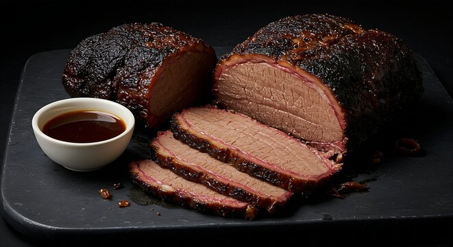  a slow-cooked rich beef brisket, sliced to reveal the tender, pink interior and a deep smoky ring, with a small pool of savory jus.