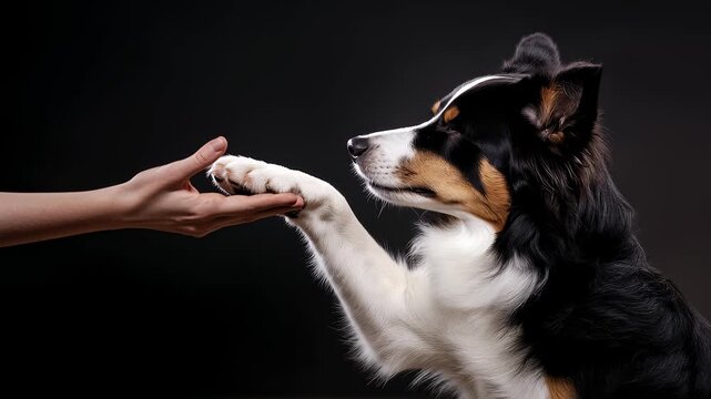 Border Collie obeying command handshake closeup