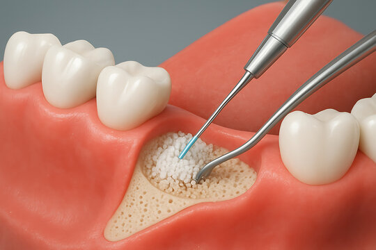 A 3d illustration of a dental bone graft procedure on a jaw with a spoon and white granules for regeneration