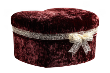 Burgundy velvet heart box with lace ribbon and bow isolated on transparent background