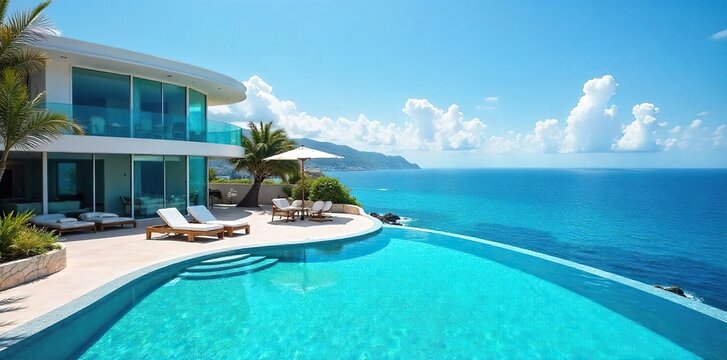 Luxurious hotel with a stunning, panoramic ocean view, featuring a vibrant blue exterior and cloudless sky Perfect for travel, vacation, and relaxation , hotel, panoramic, sky