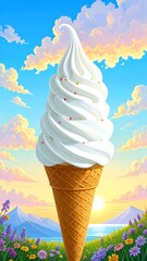 A towering ice cream cone, swirling with white soft serve, rests amidst a picturesque landscape of a serene sunrise over a tranquil lake, accented by vibrant wildflowers and pastel clouds.