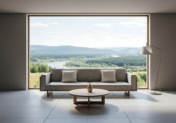 Fototapeta premium Minimalist Modern Living Room with Large Window View