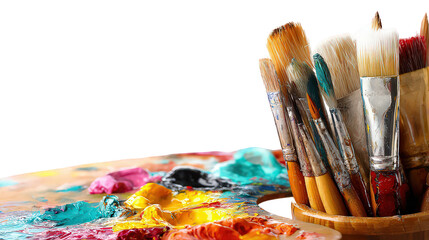 Obraz premium Closeup of Paint Brushes in Wooden Holder on Colorful Palette