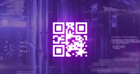 Digital animation showcases a blue QR code in a global technology concept. - Powered by Adobe