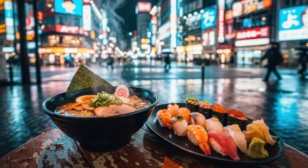 Delicious ramen and sushi served in a vibrant, neonlit city at night