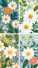 Four floral patterns showcasing a variety of daisies and accompanying foliage in a soft color palette.