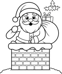 Santa Claus in chimney with gifts vector outline illustration