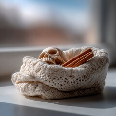 Cozy arrangement of a decorative skull and cinnamon sticks inside a knitted bowl by the window during daylight hours