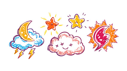 Obraz premium Cartoon weather icons with moon stars and sun comic