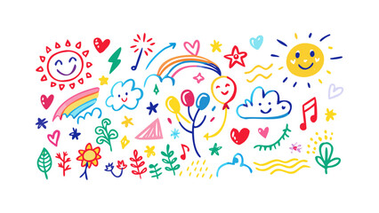 Cheerful doodle collection with suns and rainbows illustration