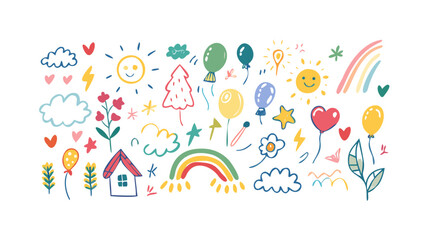 Cheerful doodle elements with suns and balloons rainbow © RABBY MIA