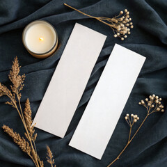 Two White Bookmark Mockups on Black Background with Dried Flowers, Minimal Elegant Stationery Flat Lay