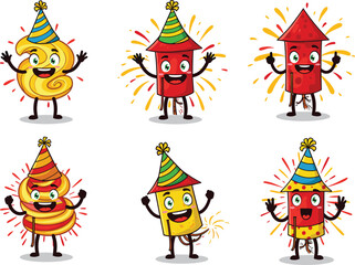 Cute cartoon firework rockets with party hats, smiling animated fireworks, festive celebration characters, colorful explosions, fun holiday design elements, happy festival illustrations