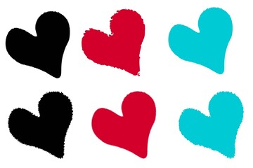 Abstract vector pattern featuring six colorful heart shapes in red, black, and teal on a white background. Modern minimal design symbolizing love, romance, and creativity.