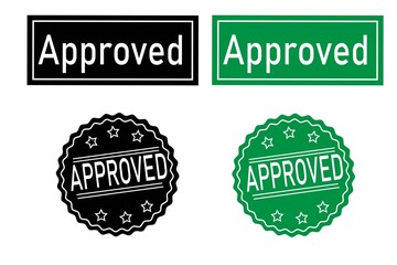 Set of approved stamp labels in green and black featuring rectangular and circular shapes. Abstract vector design for official approval, validation, certification, or agreement.