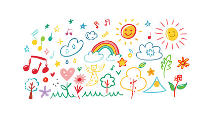 Colorful doodle art with sun rainbow and music notes