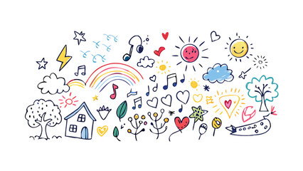 Colorful doodle art with suns and hearts vector