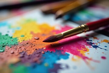 Fototapeta premium Close-up of a paintbrush resting on a vibrant, colorful palette, surrounded by art supplies The scene evokes creativity and artistic expression , paints, oil paint