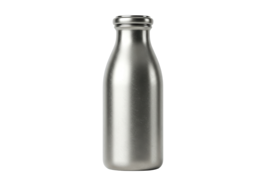 Isolated Vintage Metal Milk Bottle with Ribbed Neck, Silver or Gray Tone, Simple Container