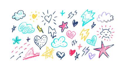 Colorful hand drawn doodles hearts stars clouds vector