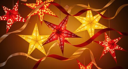 Warmly lit holiday stars cascade with festive ribbons creating a magical, celebratory atmosphere perfect for seasonal decor and joyful events