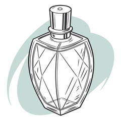 Elegant outline drawing of a faceted glass perfume bottle with a metallic cap on a light blue abstract background