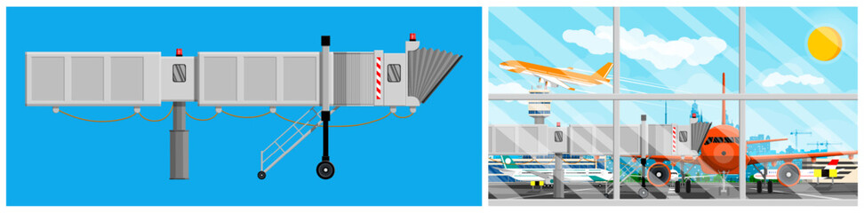 Jet bridge connected to airplane ready for boarding. Airport terminal with aircraft taking off. Flat style vector illustration for travel.