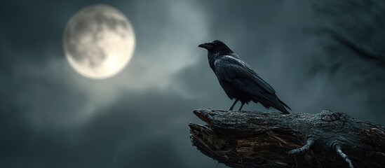 Fototapeta premium Black Raven Perched on Branch Under Full Moon in Moody Night Scene