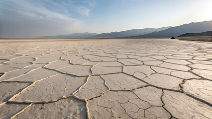 Cracked dry earth in arid desert landscape under clear sky with distant mountains ideal for climate change awareness visuals, environmental concepts and drought illustrations