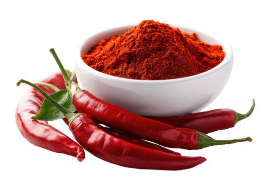 Red chili powder in a bowl, with fresh chili peppers