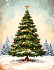 Obraz premium Festive Christmas tree in snowy landscape