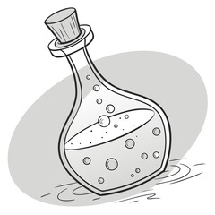 Whimsical black and white cartoon illustration of a bubbling potion in a corked glass bottle