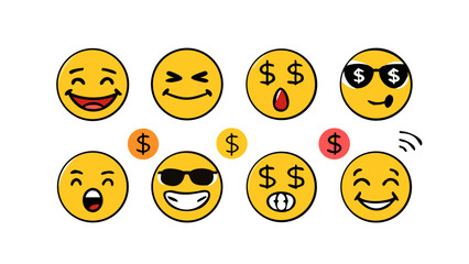 Fototapeta premium Emoji faces with dollar signs and sunglasses yellow