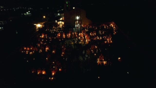 Aerial view of cemetery during the Day of the Dead, a Mexican tradition, Cempasuchil, Marigolds, Arocutin, Michoacan, Mexico