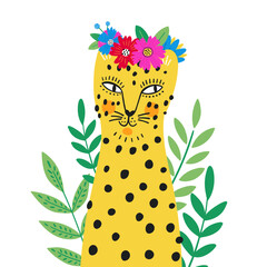 Hand-drawn yellow leopard with black spots, floral crown and green leaves. Playful jungle animal illustration in bright colors, perfect for posters, kids decor, greeting cards, wall art
