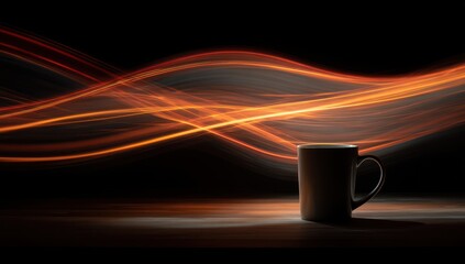 Vibrant photo of warmth emanates from a coffee mug amidst fiery light trails.
