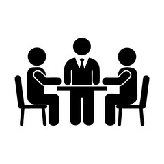 Illustration of a business meeting with three people sitting around a table, , discussing work and making decisions