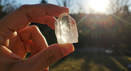 Holding clear quartz crystal point in sunlight for healing energy
