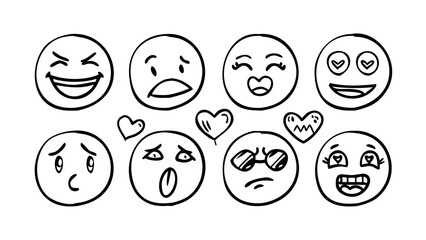 Hand drawn expressive emoji faces emotions happy