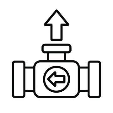 Black line icon of backflow preventer valve with directional arrows on dark background