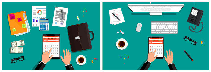 Hands of a businessman looking at calendar on a tablet for scheduling. Work desk with computer and office supplies, flat style vector illustration.