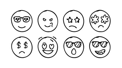 Hand drawn smiley faces with various expressions happy